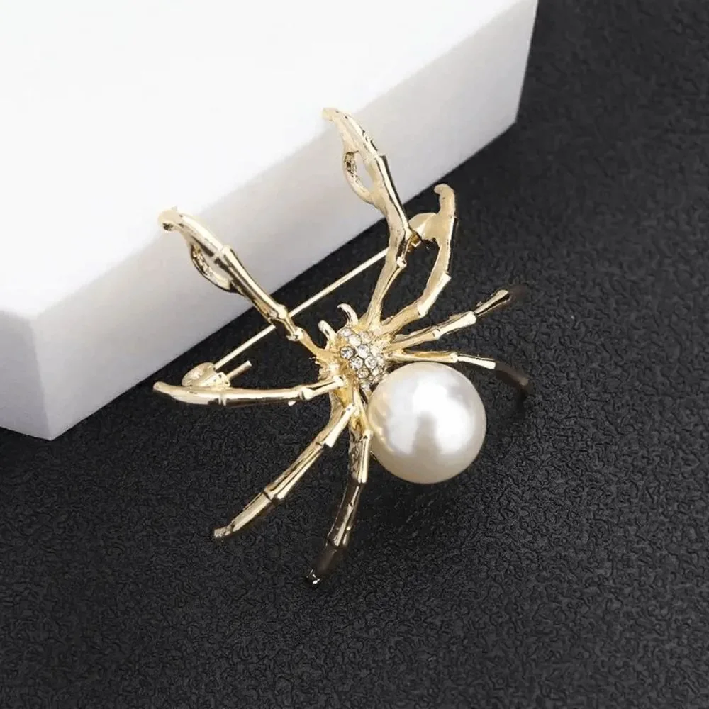 PEARL DIAMOND GOLD SPIDER BROOCH PIN